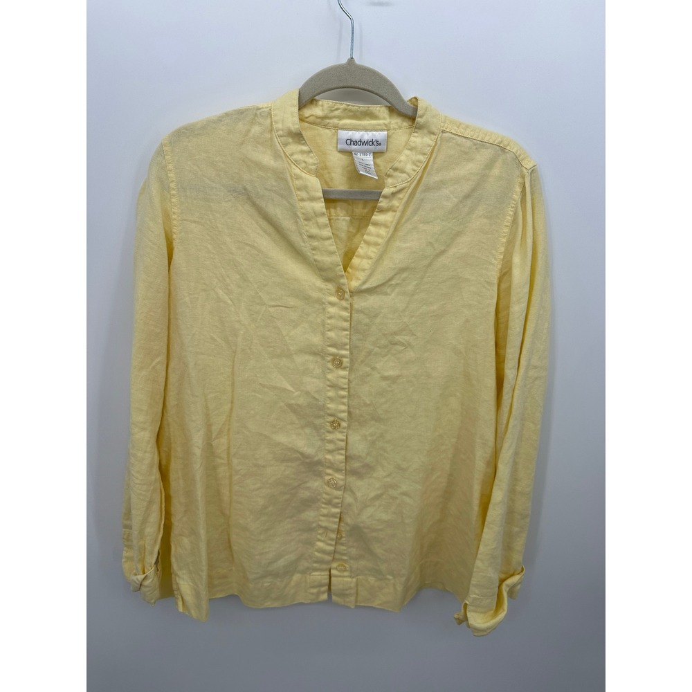 Chadwicks 100% Linen Button Front Shirt Womens Large Yellow Mandarin Collar